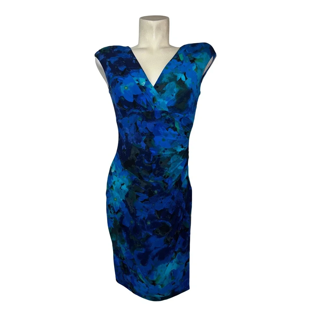 Lauren Ralph Lauren Blue Floral Watercolor Ruched V-Neck Sheath Dress Size 4 - Picture 1 of 8
